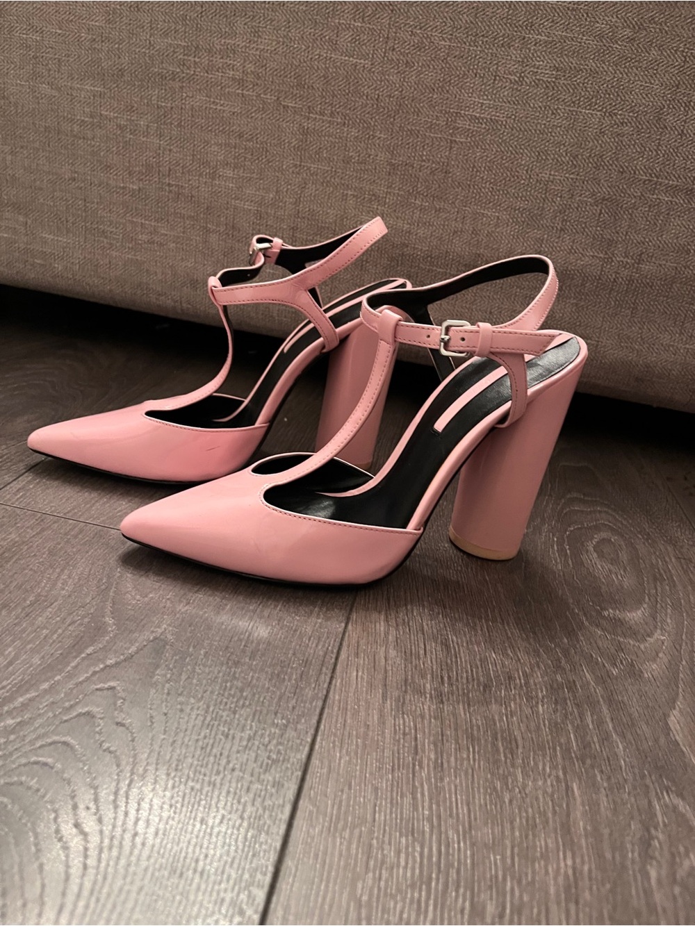Pink Patent T-Strap Block Heel Pumps - Picture 3 of 5